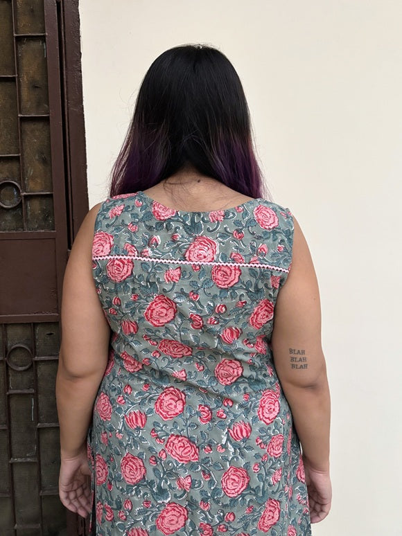 Rozana Rose Hand Block Printed Midi Dress with Lace Detailing