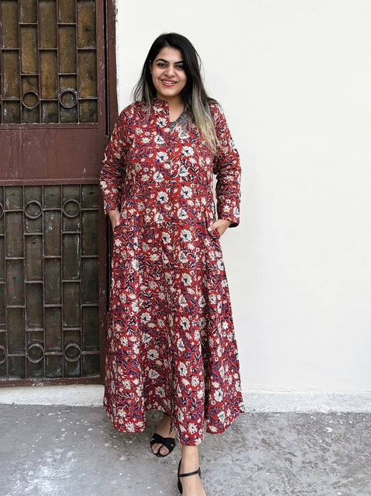 Red Kalamkari Hand Block Printed A Line Maxi Shirt Dress with Full Sleeves