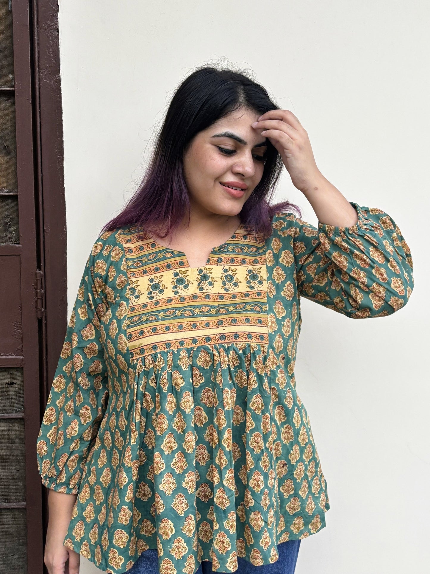 Kesar Phool Hand Block Printed Boho Top with Back Drawstring