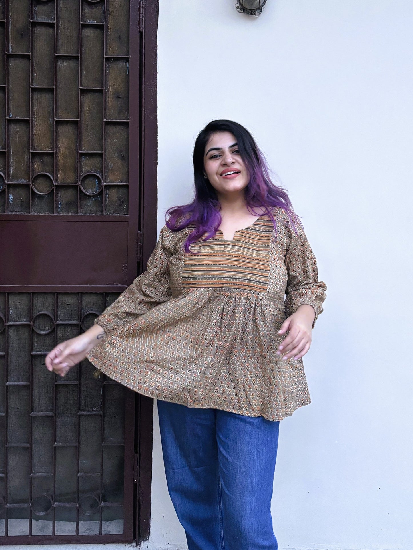 Kashish Orange Hand Block Printed Boho Top with Back Drawstring