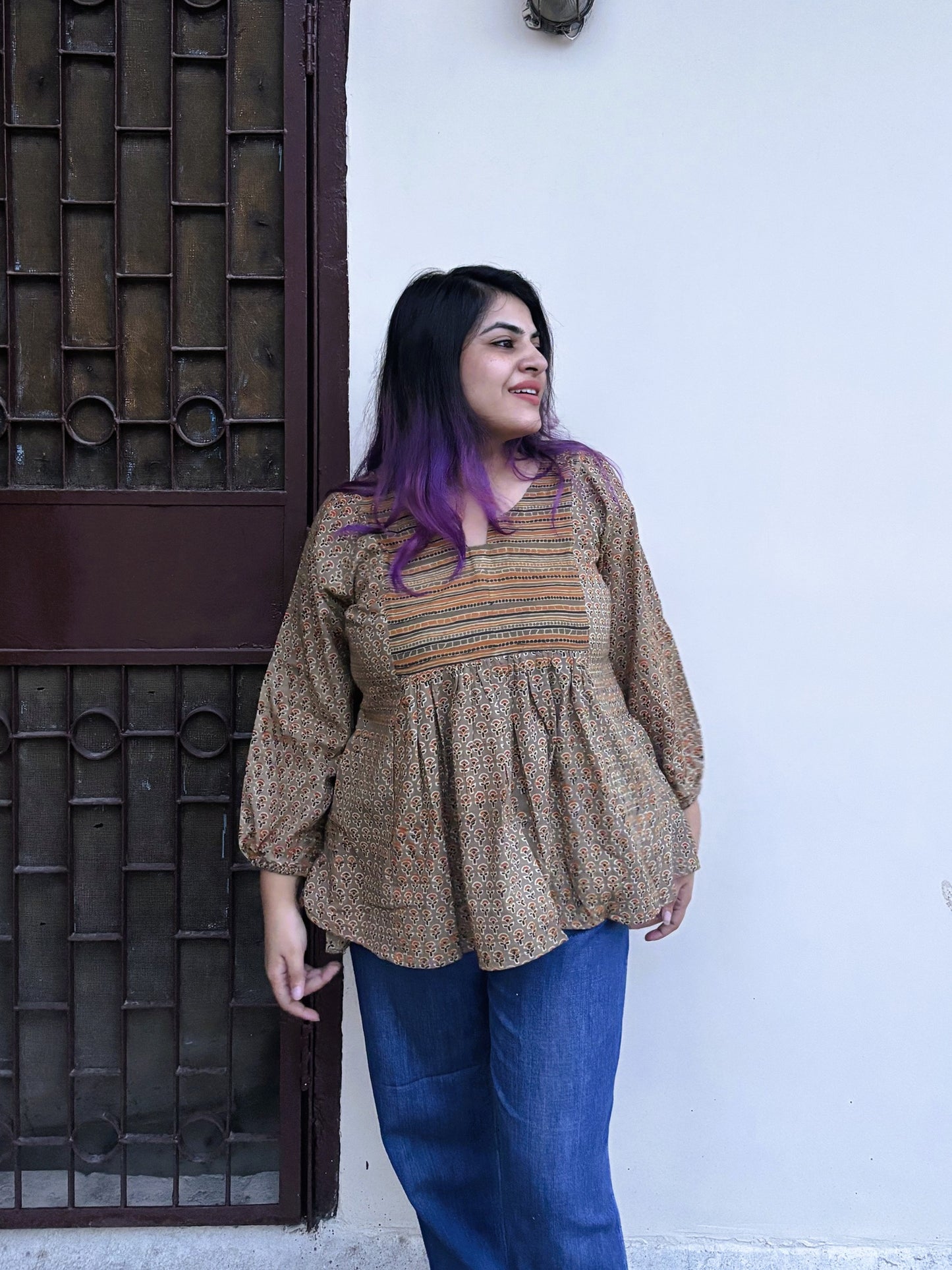 Kashish Orange Hand Block Printed Boho Top with Back Drawstring