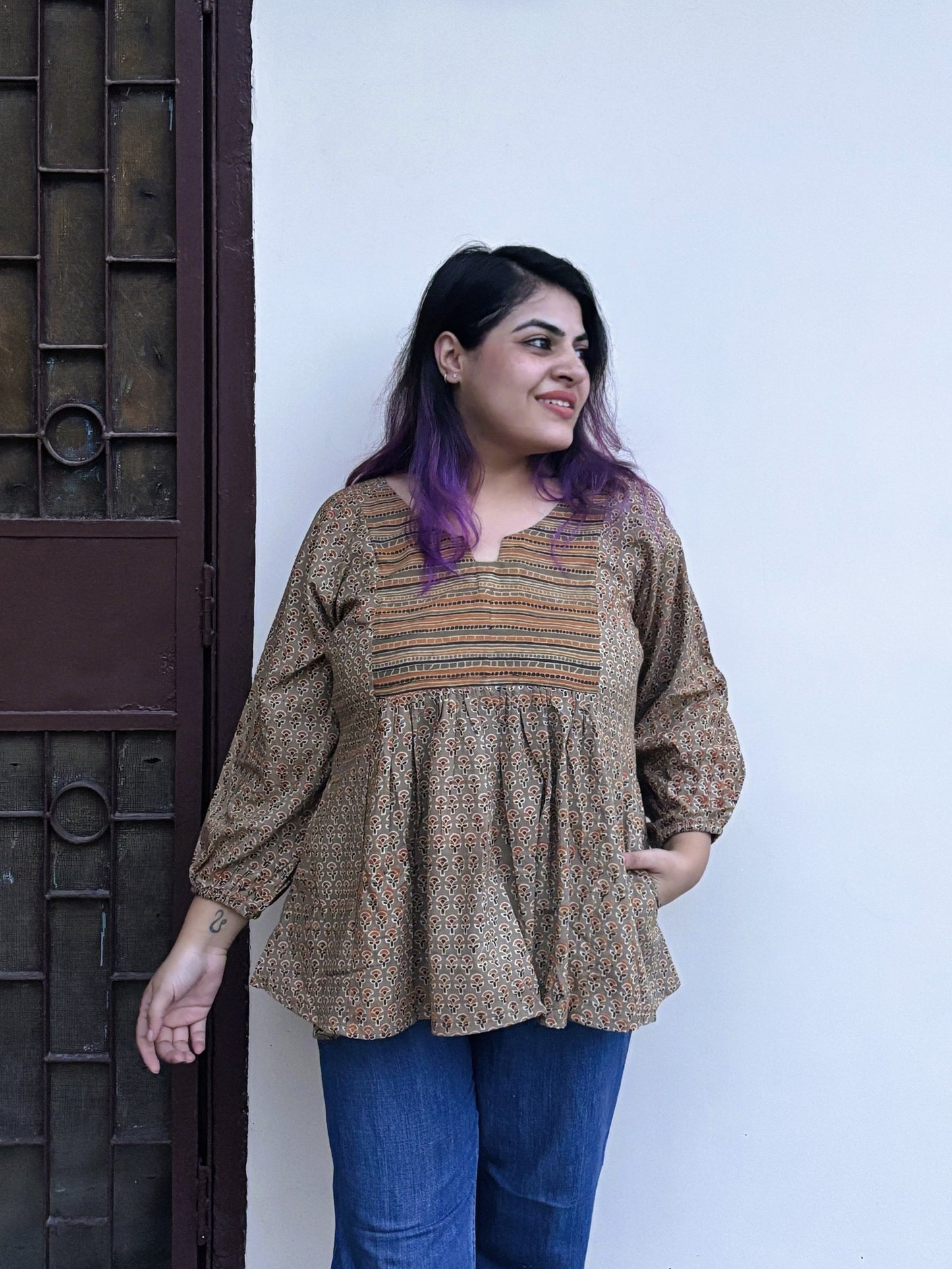 Kashish Orange Hand Block Printed Boho Top with Back Drawstring