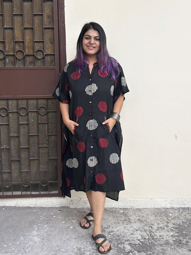 Black Circles High Low Midi Cotton Shirt Kaftan