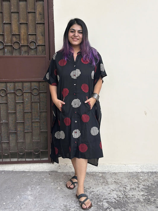 Black Circles High Low Midi Cotton Shirt Kaftan