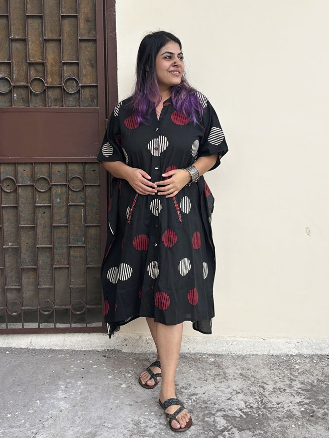 Black Circles High Low Midi Cotton Shirt Kaftan