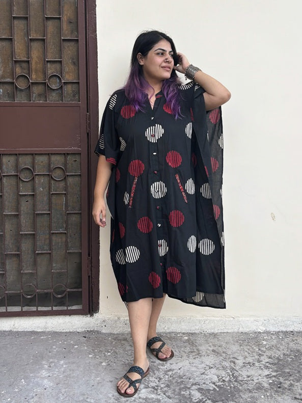 Black Circles High Low Midi Cotton Shirt Kaftan