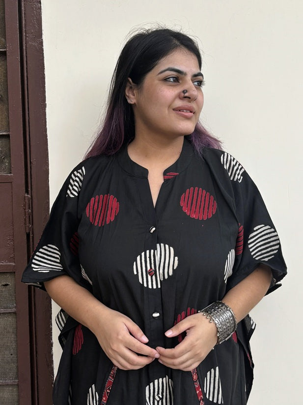 Black Circles High Low Midi Cotton Shirt Kaftan