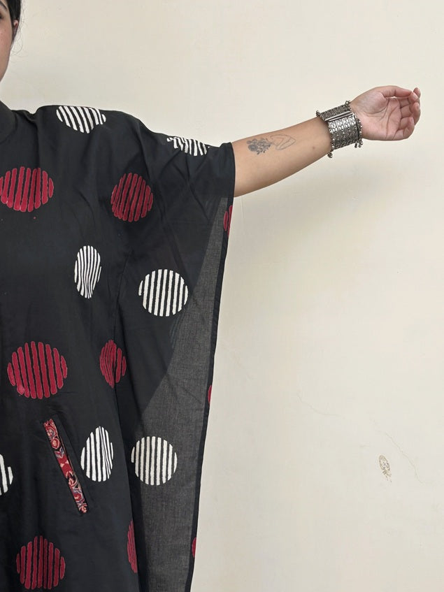 Black Circles High Low Midi Cotton Shirt Kaftan