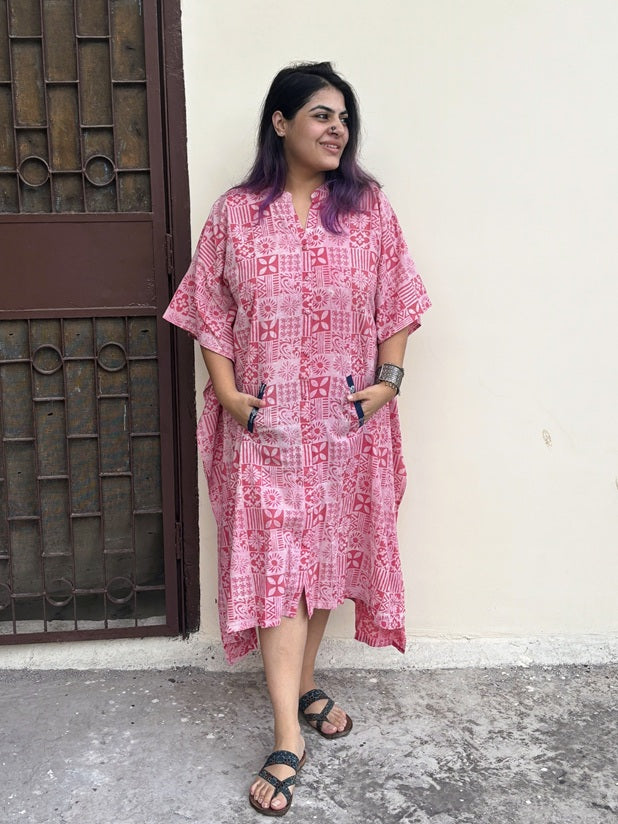Pink Tiles High Low Midi Cotton Shirt Kaftan
