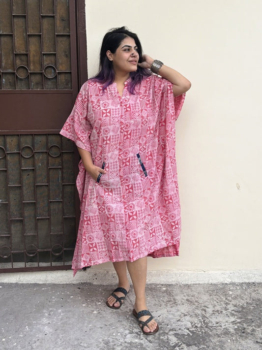 Pink Tiles High Low Midi Cotton Shirt Kaftan