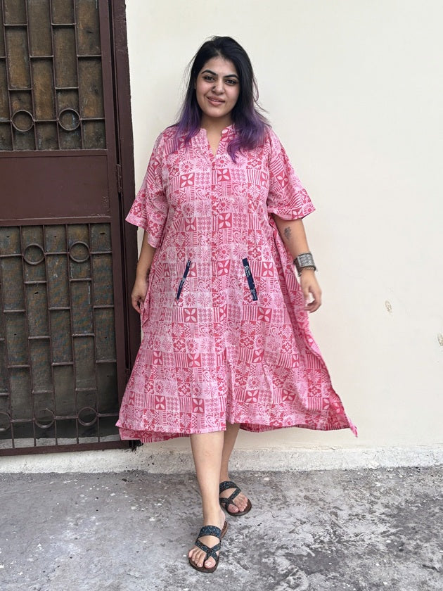 Pink Tiles High Low Midi Cotton Shirt Kaftan