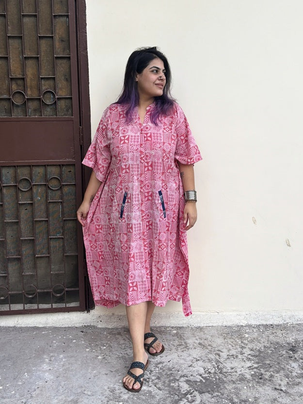 Pink Tiles High Low Midi Cotton Shirt Kaftan