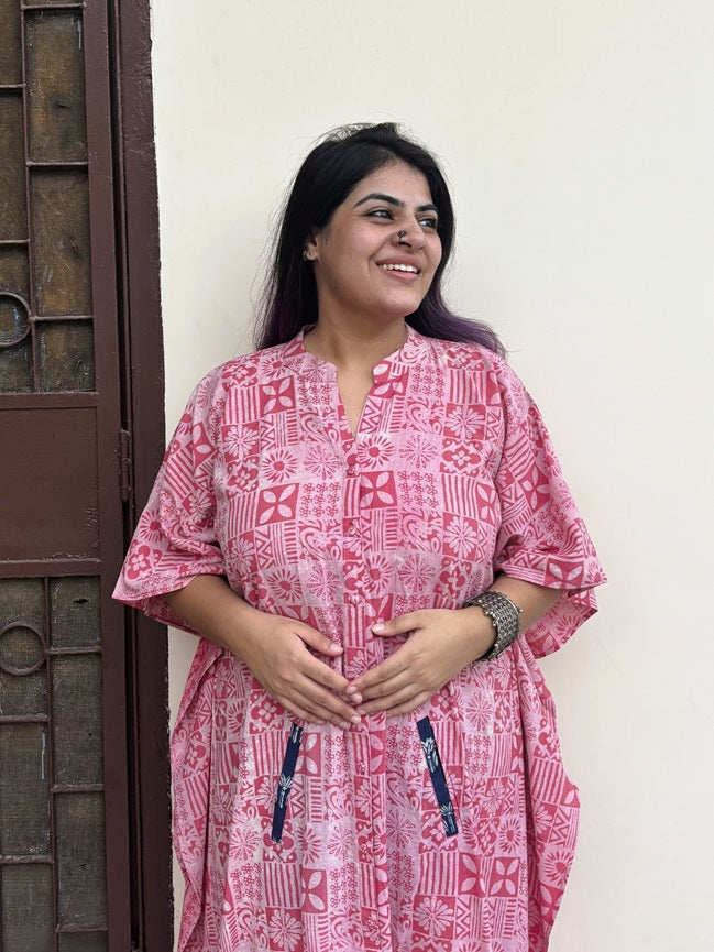 Pink Tiles High Low Midi Cotton Shirt Kaftan