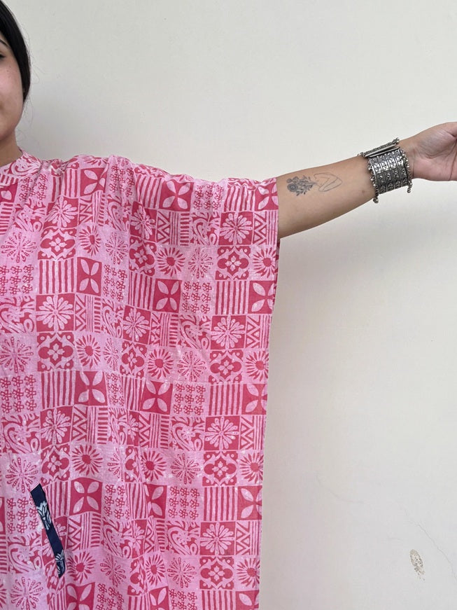 Pink Tiles High Low Midi Cotton Shirt Kaftan