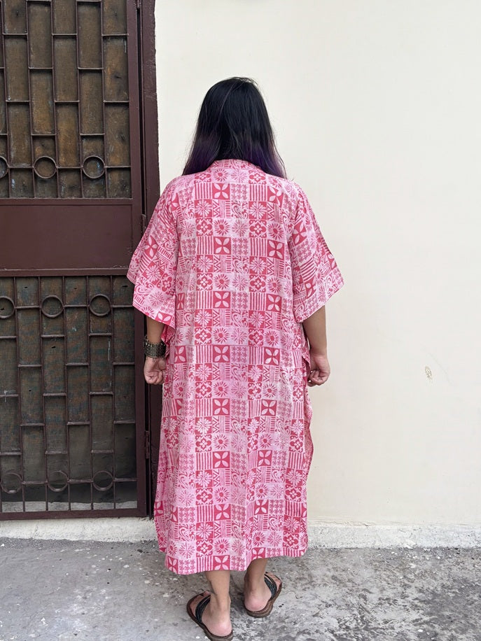 Pink Tiles High Low Midi Cotton Shirt Kaftan