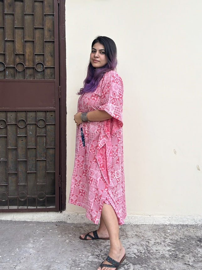 Pink Tiles High Low Midi Cotton Shirt Kaftan