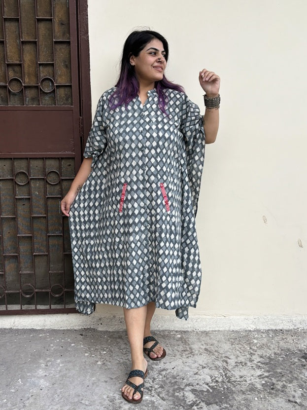 Grey Diamond High Low Midi Cotton Shirt Kaftan