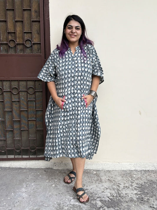 Grey Diamond High Low Midi Cotton Shirt Kaftan