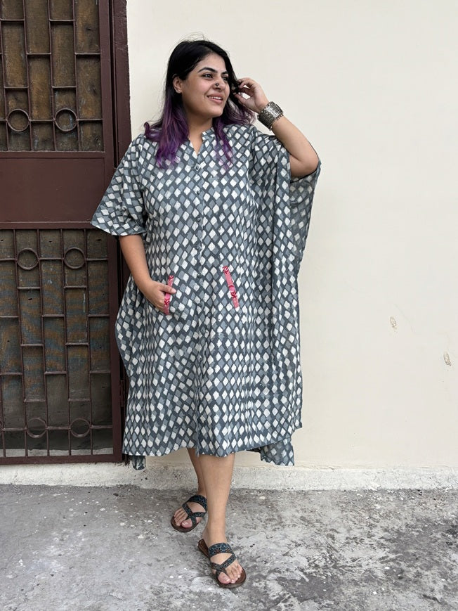 Grey Diamond High Low Midi Cotton Shirt Kaftan