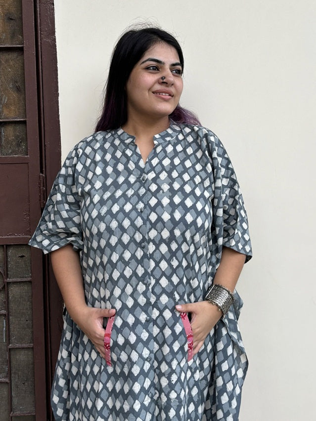 Grey Diamond High Low Midi Cotton Shirt Kaftan