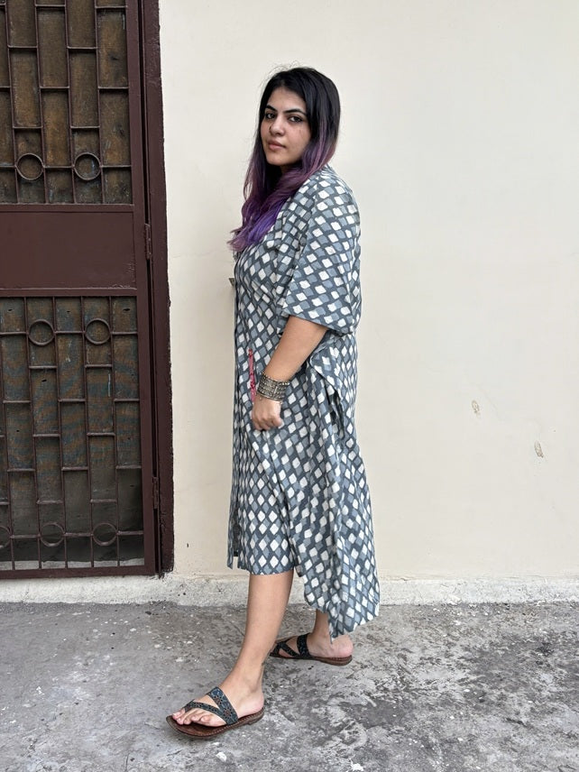 Grey Diamond High Low Midi Cotton Shirt Kaftan