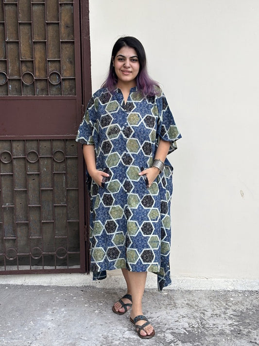 Indigo Green Star High Low Midi Cotton Shirt Kaftan