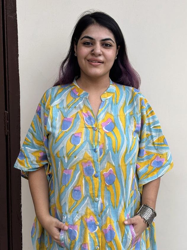 Yellow Blue Multicolour High Low Midi Cotton Shirt Kaftan