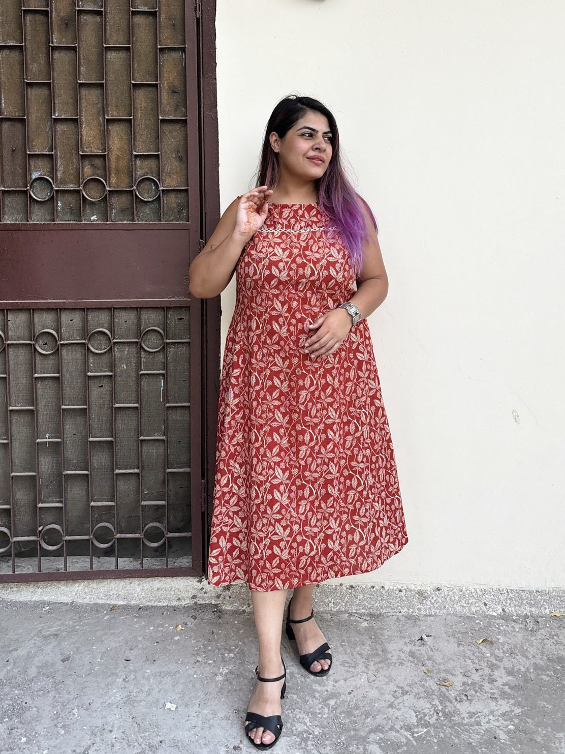 Vanya Hand Block Printed Midi Dress with Lace Detailing