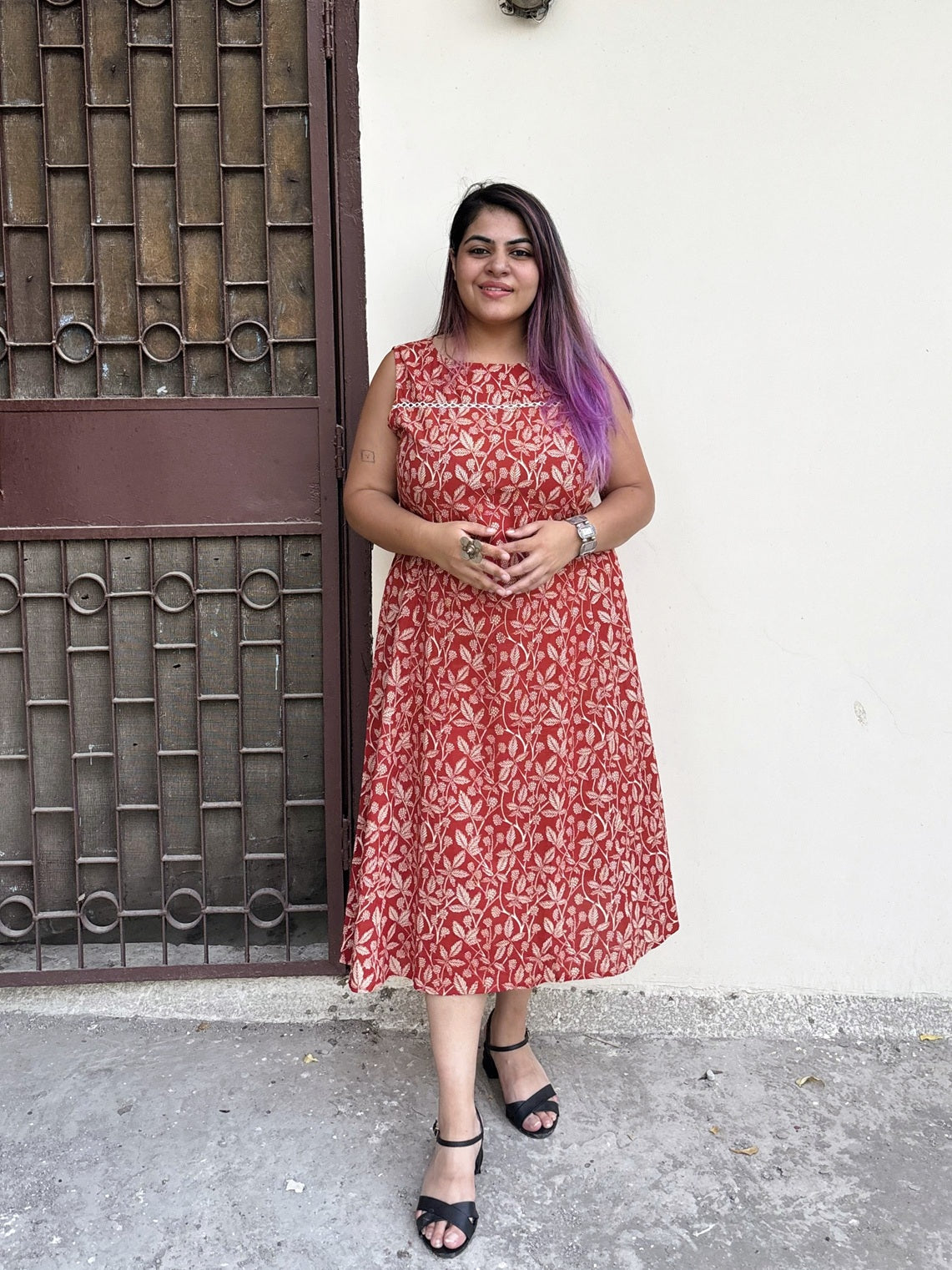 Vanya Hand Block Printed Midi Dress with Lace Detailing