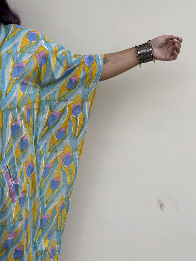 Yellow Blue Multicolour High Low Midi Cotton Shirt Kaftan
