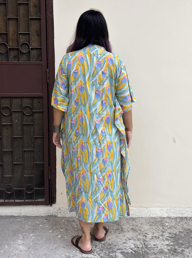 Yellow Blue Multicolour High Low Midi Cotton Shirt Kaftan