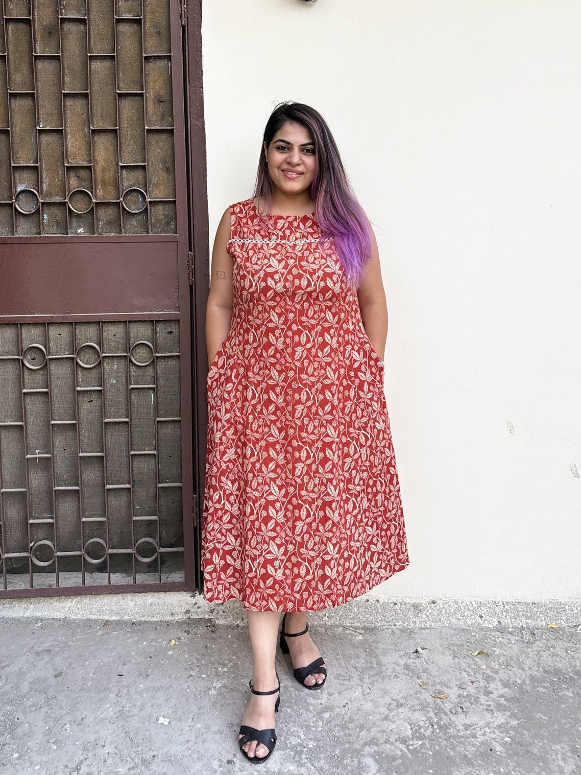 Vanya Hand Block Printed Midi Dress with Lace Detailing