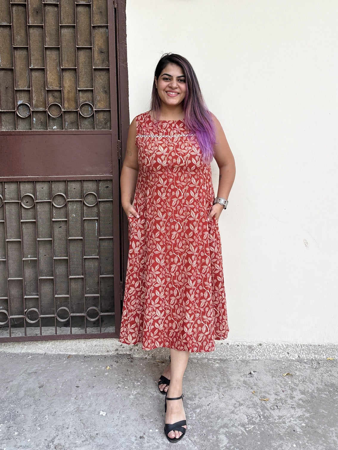Vanya Hand Block Printed Midi Dress with Lace Detailing
