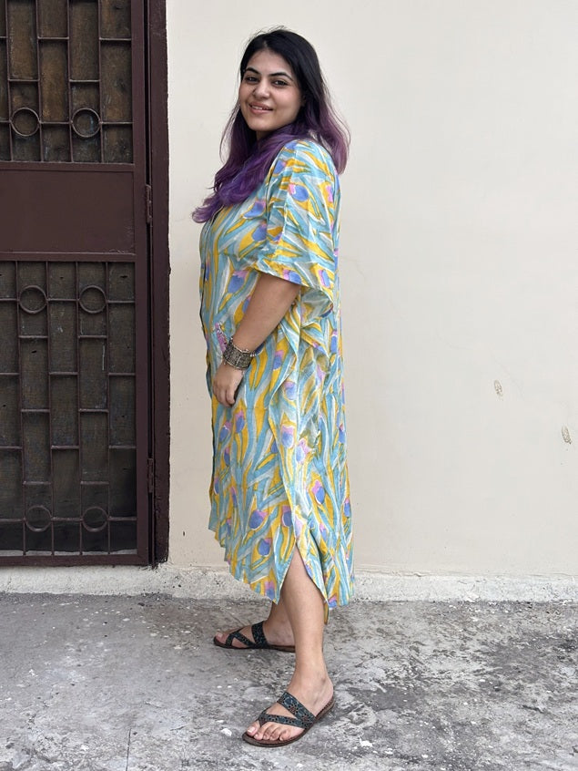 Yellow Blue Multicolour High Low Midi Cotton Shirt Kaftan
