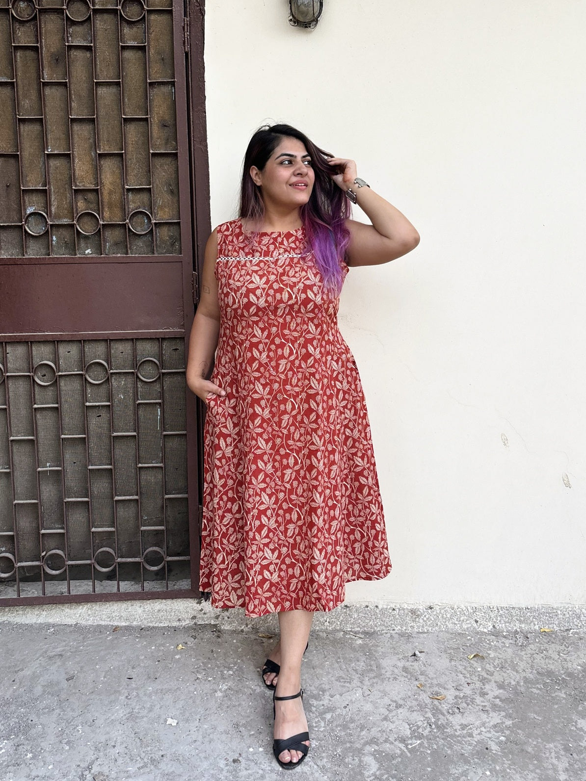 Vanya Hand Block Printed Midi Dress with Lace Detailing