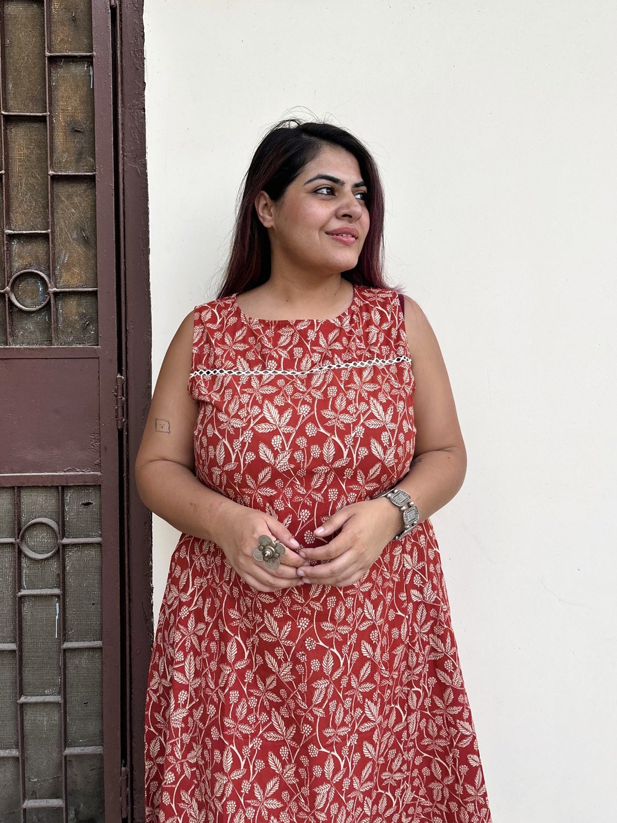 Vanya Hand Block Printed Midi Dress with Lace Detailing