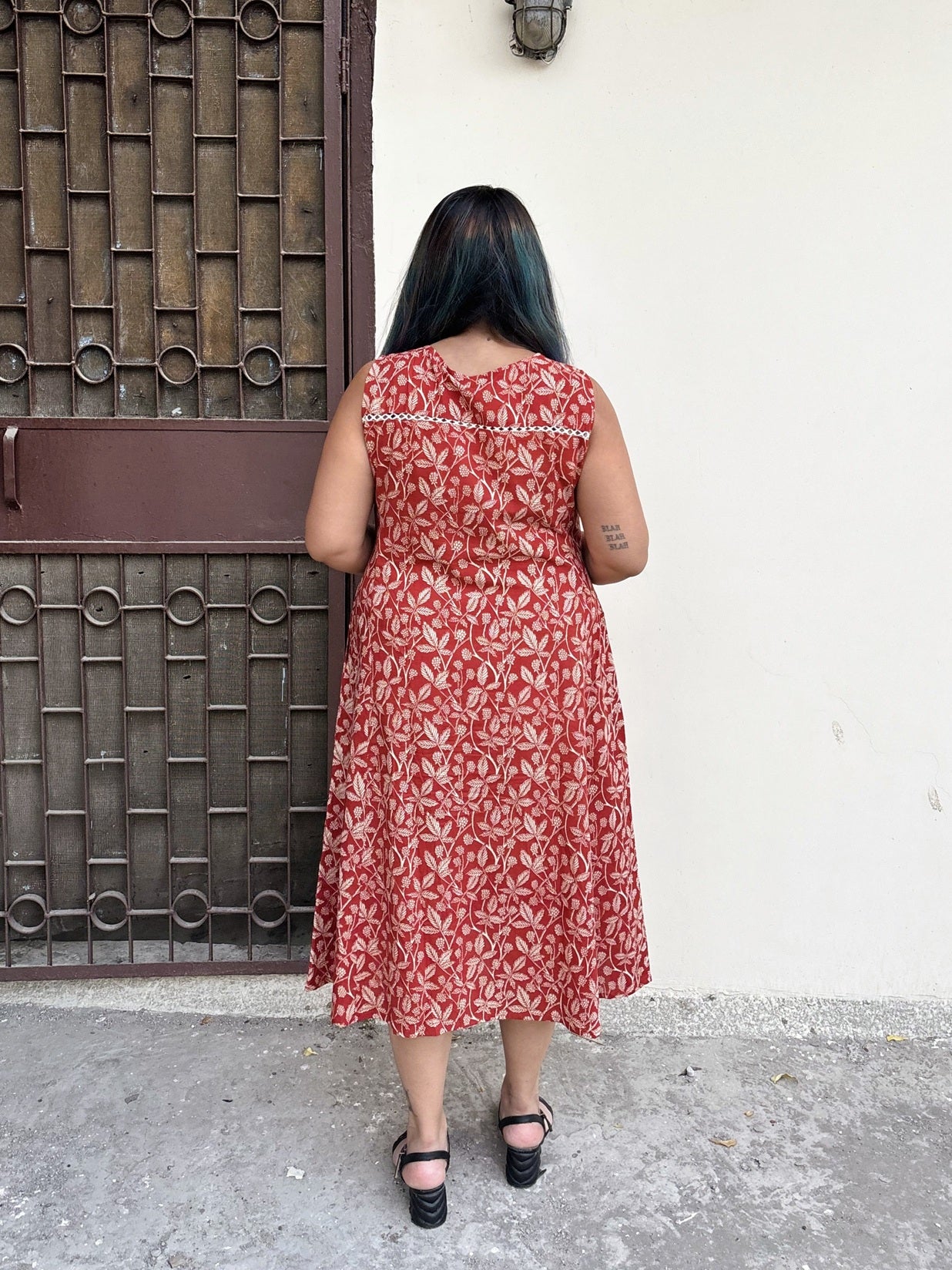 Vanya Hand Block Printed Midi Dress with Lace Detailing