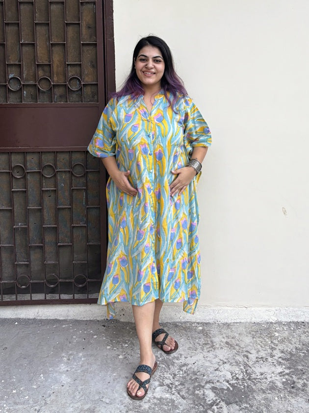 Yellow Blue Multicolour High Low Midi Cotton Shirt Kaftan