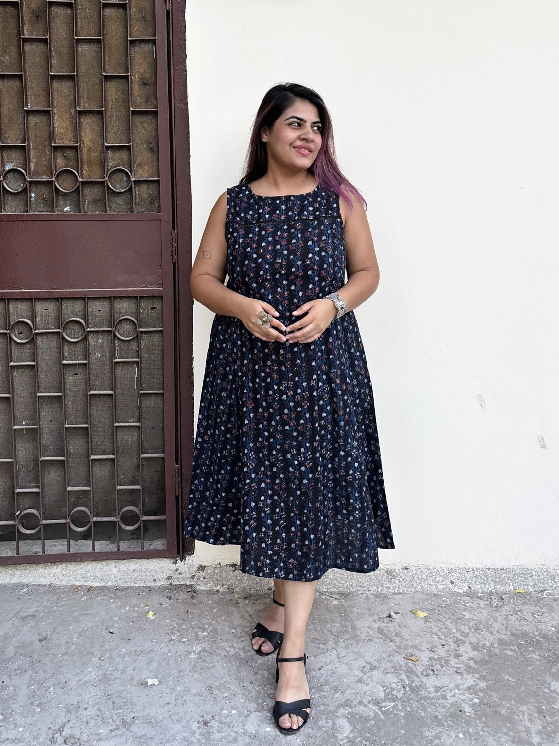 Raatrani Hand Block Printed Midi Dress with Lace Detailing