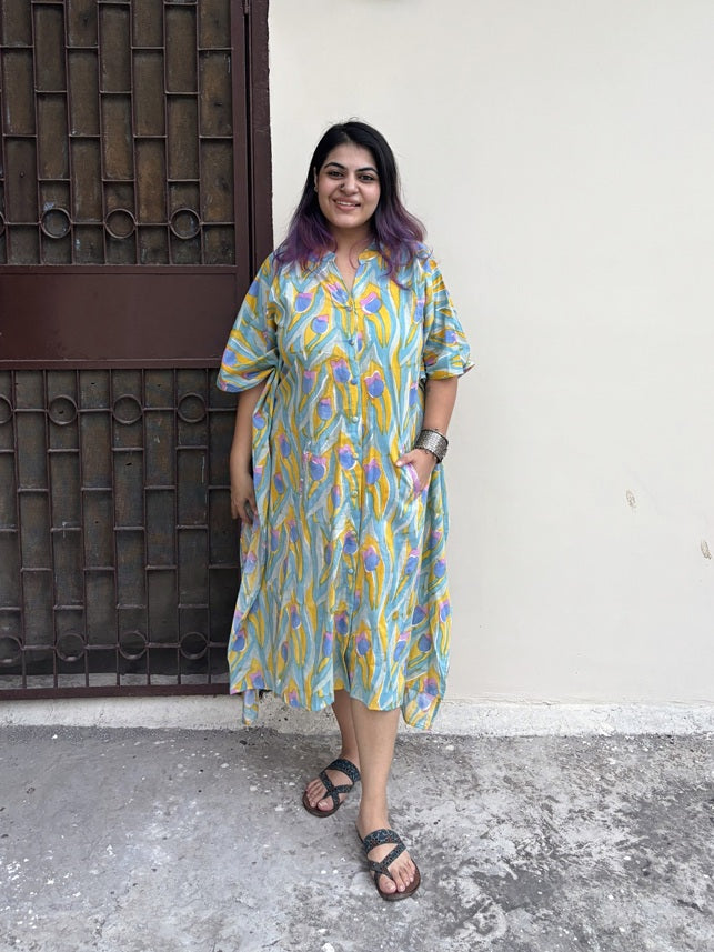 Yellow Blue Multicolour High Low Midi Cotton Shirt Kaftan