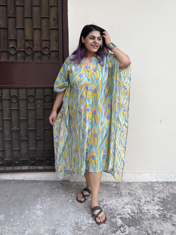 Yellow Blue Multicolour High Low Midi Cotton Shirt Kaftan