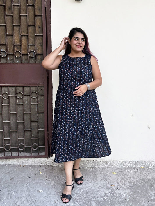 Raatrani Hand Block Printed Midi Dress with Lace Detailing