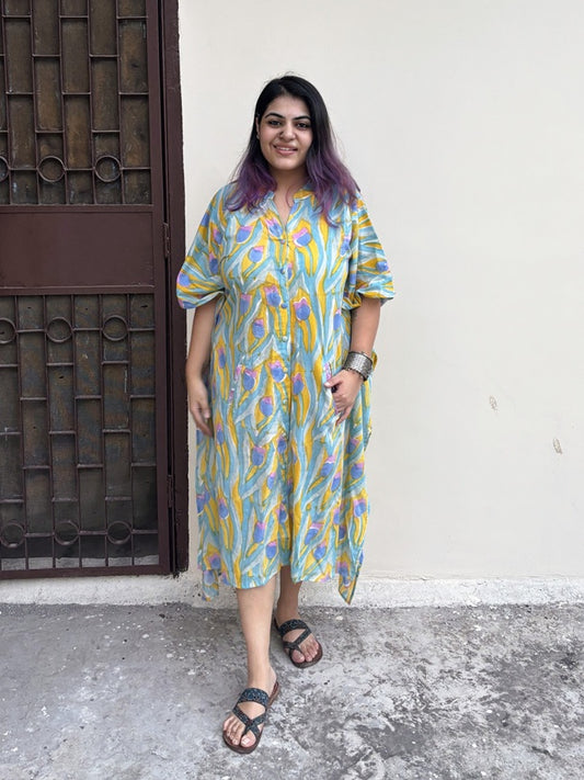 Yellow Blue Multicolour High Low Midi Cotton Shirt Kaftan