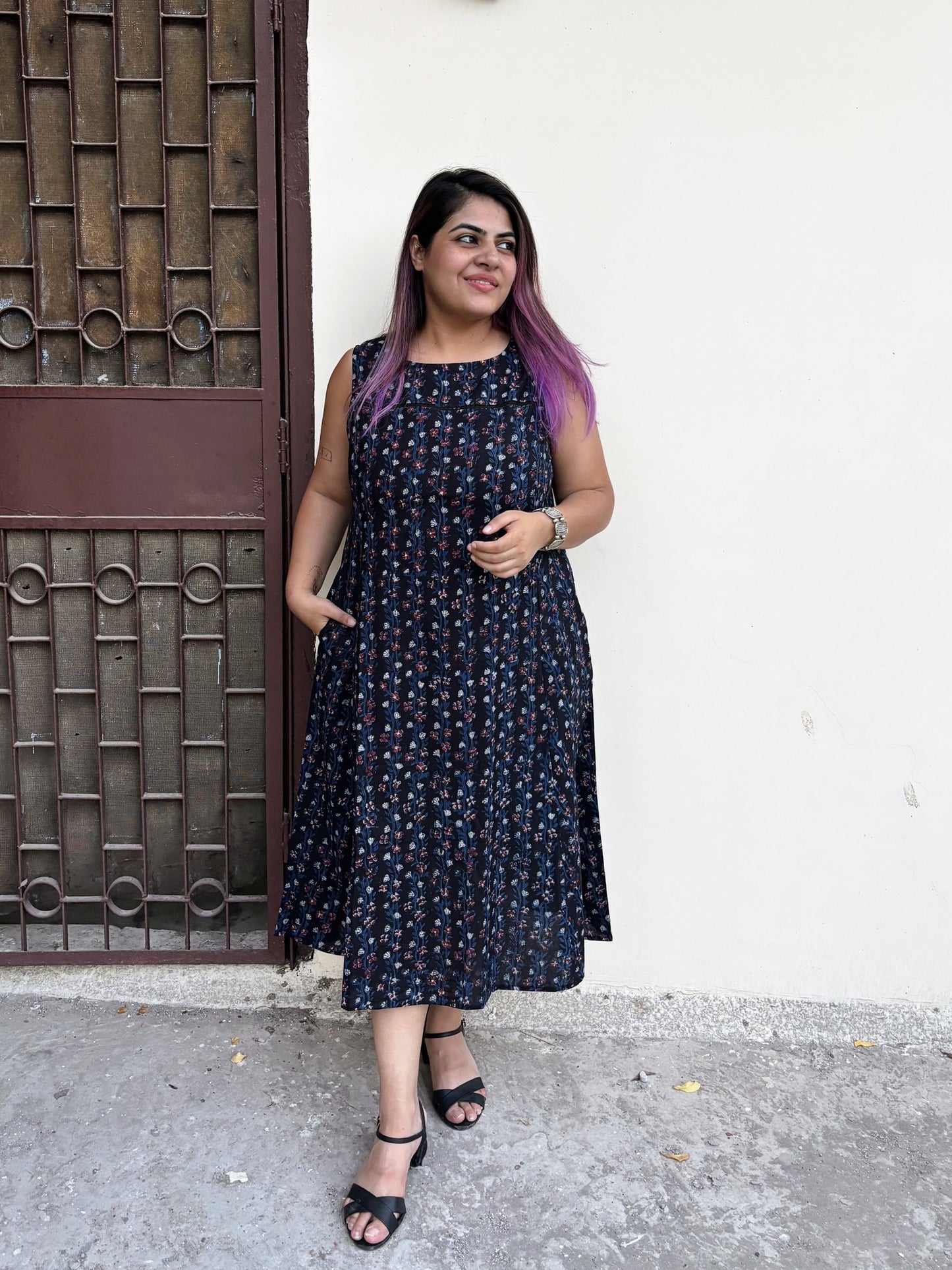 Raatrani Hand Block Printed Midi Dress with Lace Detailing