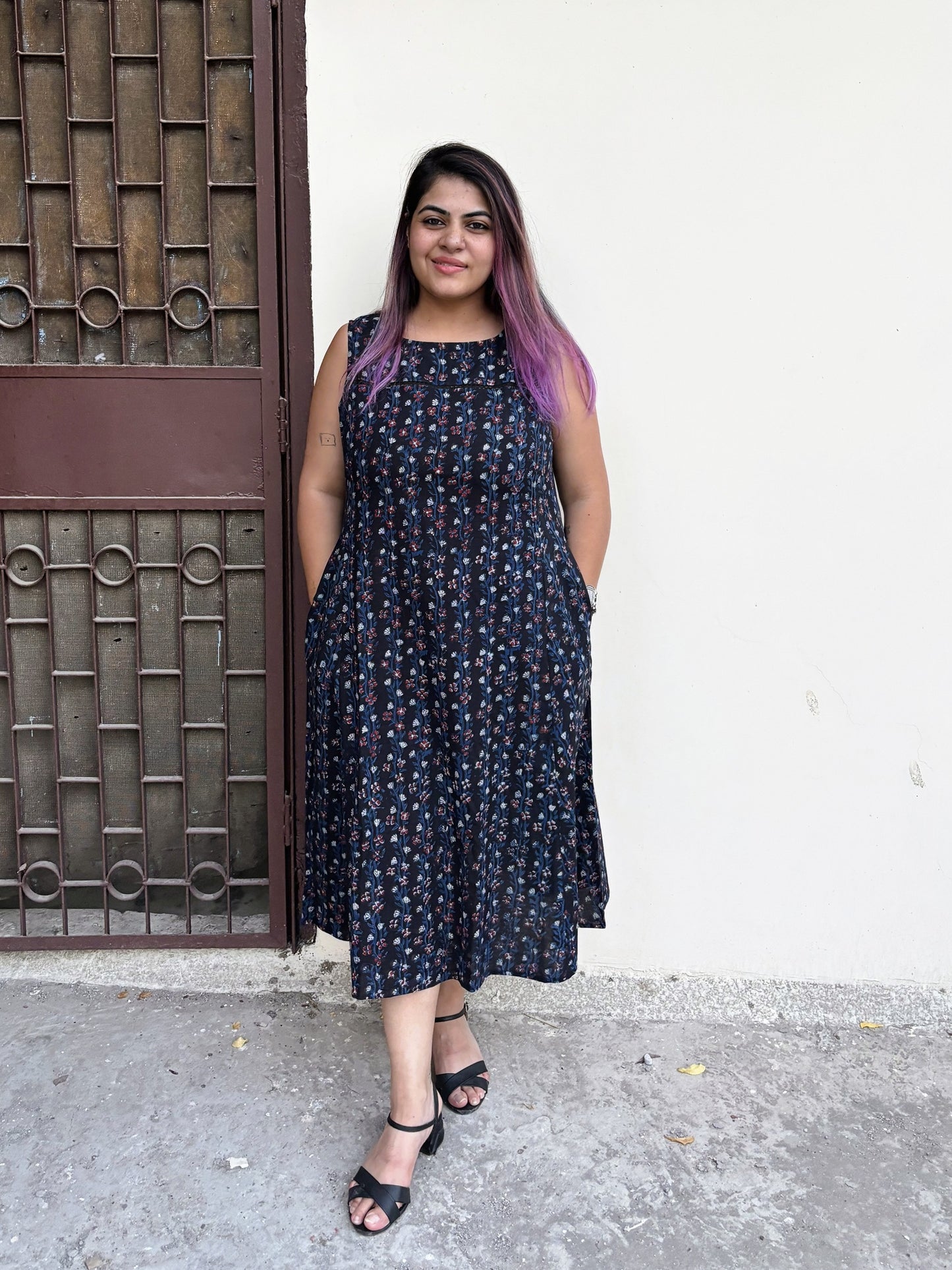 Raatrani Hand Block Printed Midi Dress with Lace Detailing
