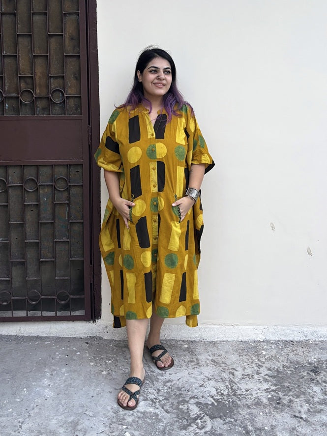 Yellow Geometric High Low Midi Cotton Shirt Kaftan