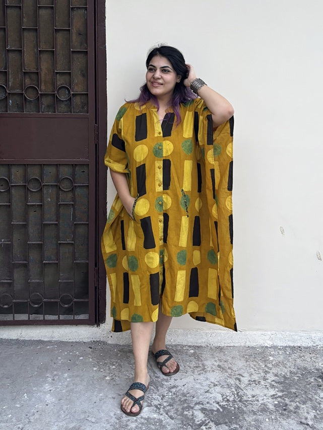 Yellow Geometric High Low Midi Cotton Shirt Kaftan