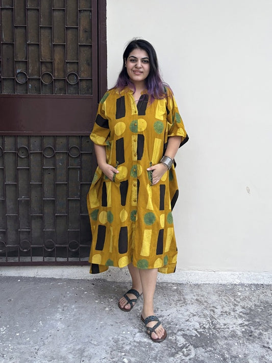 Yellow Geometric High Low Midi Cotton Shirt Kaftan