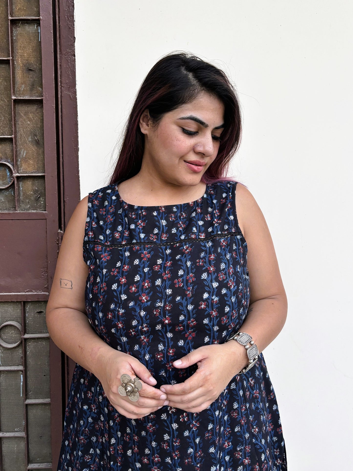 Raatrani Hand Block Printed Midi Dress with Lace Detailing