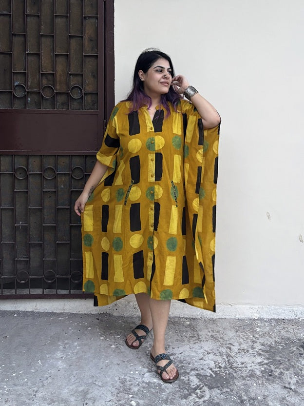 Yellow Geometric High Low Midi Cotton Shirt Kaftan